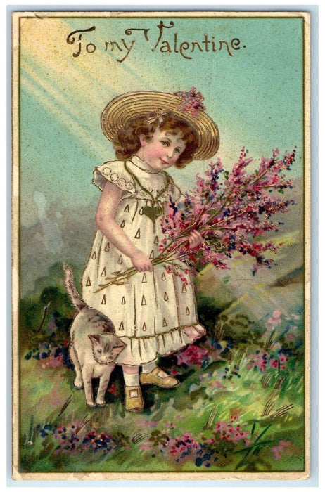 c1910's Valentine Little Girl With Flowers Cat Gel Gold Gilt Kirwin KS Postcard