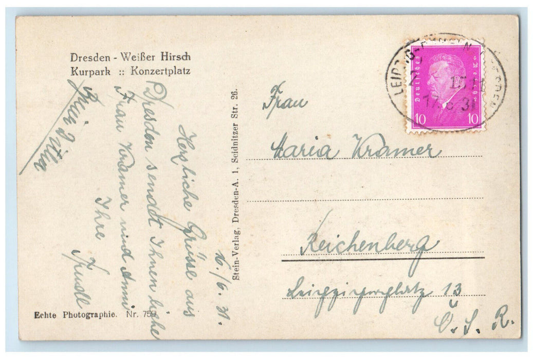 1931 Swlsser Hirsch Kurpark-Konzertplatz Dresden Germany RPPC Photo Postcard