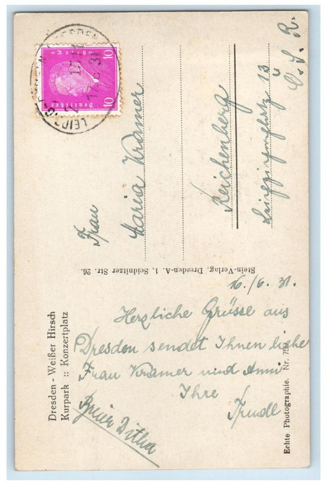 1931 Swlsser Hirsch Kurpark-Konzertplatz Dresden Germany RPPC Photo Postcard