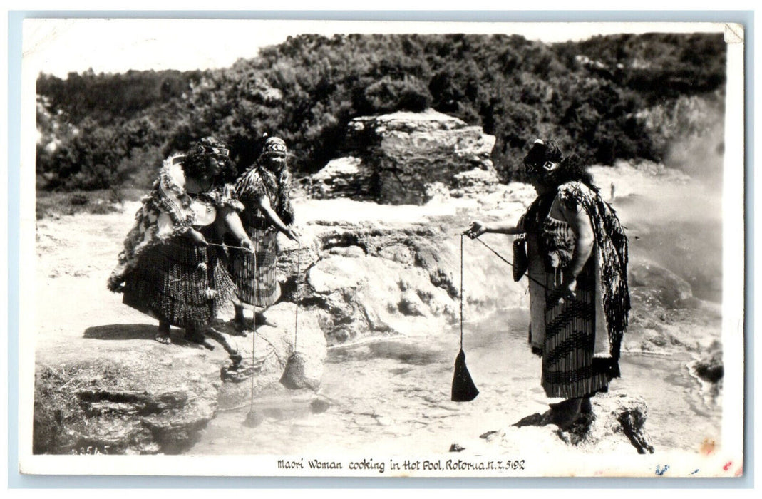 c1940's Maori Woman Cooking in Hot Pool Rotorua New Zealand RPPC Photo Postcard