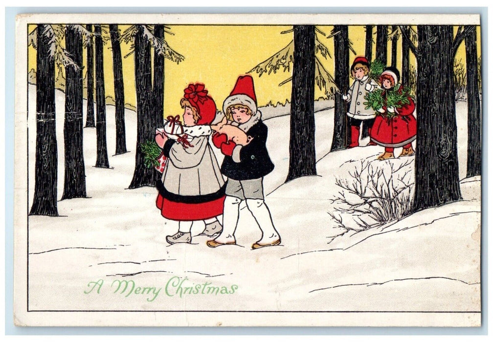 1913 Merry Christmas Children Winter Scene Partridge Kansas KS Antique Postcard