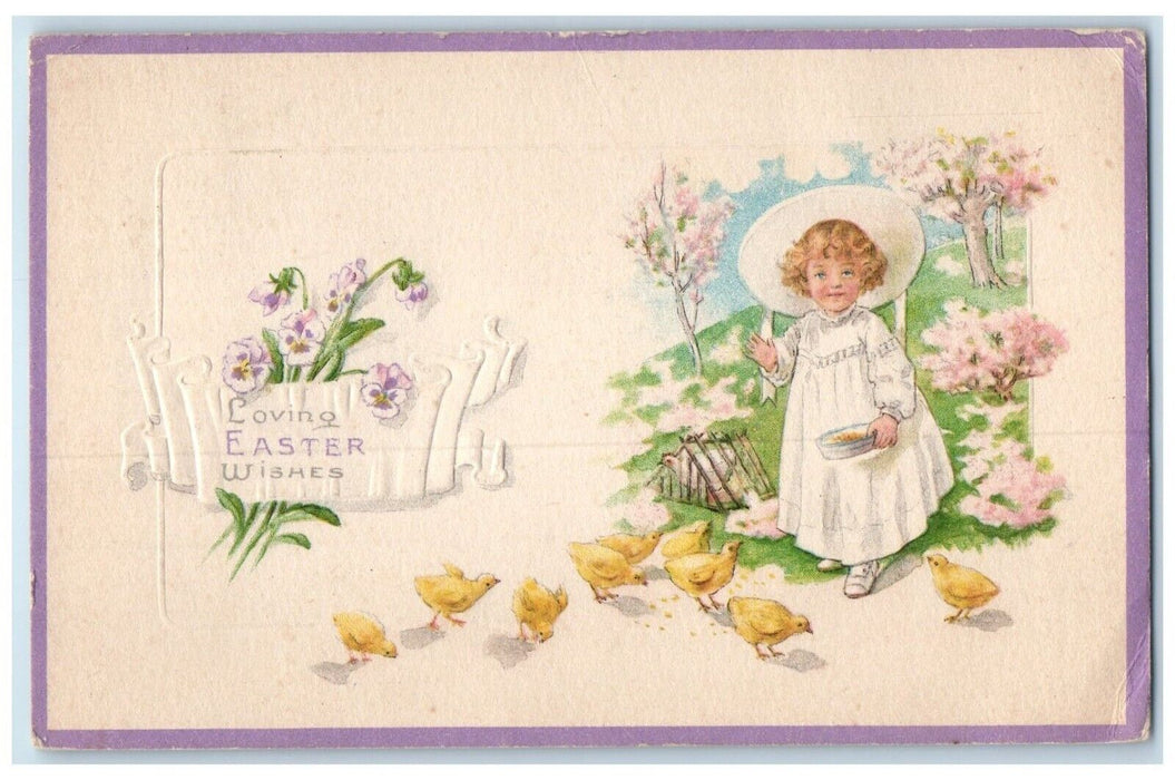 Easter Wishes Little Girl Feeding Chicks Flowers Embossed Milton KS Postcard