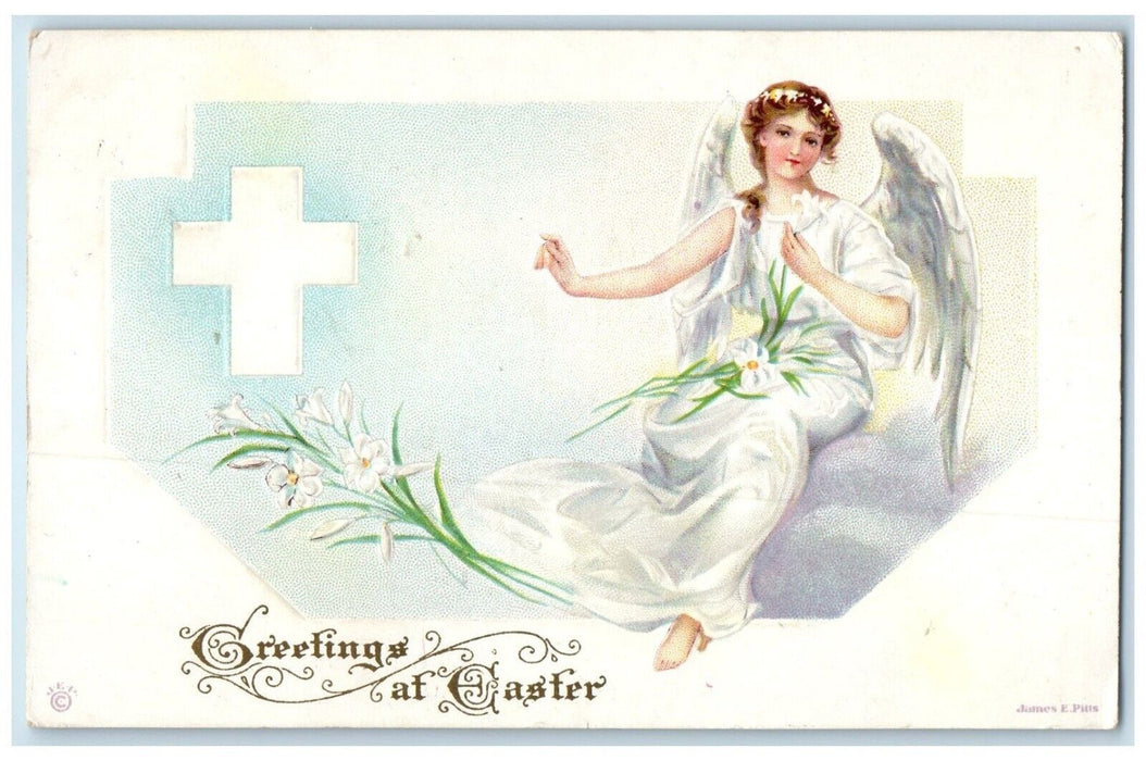 1915 Easter Greetings Angel Holy Cross Lilies Flowers Stromsburg RPO Postcard