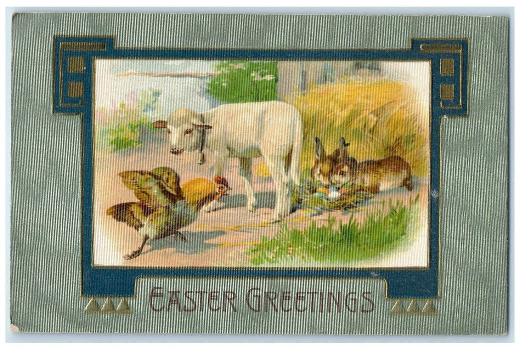 1908 Easter Greetings Lamb Chicken Hen Eggs Rabbit Winsch Back Antique Postcard