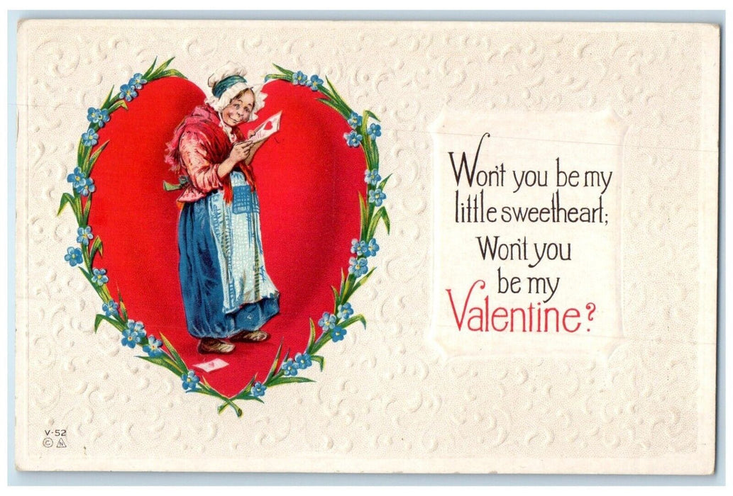 c1910's Valentine Giant Heart Old Woman Flowers Embossed Antique Postcard