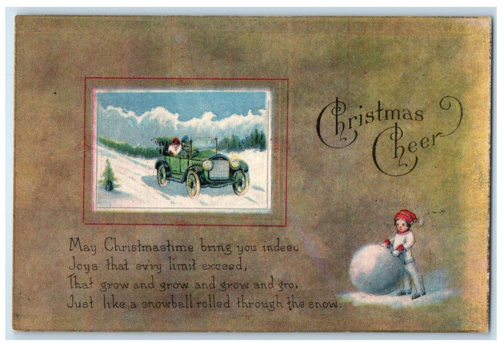 c1910's Christmas Car In Winter Boy Giant Snowball Unposted Antique Postcard