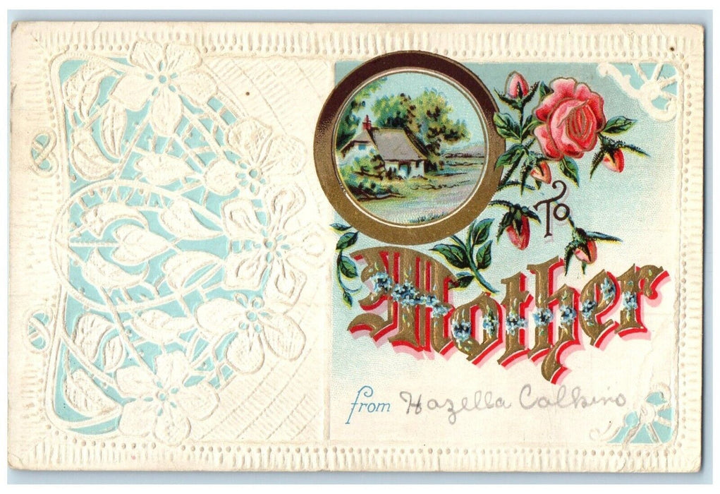 1913 Mother Pansies Roses Flowers House Embossed Lenox Kansas KS Posted Postcard