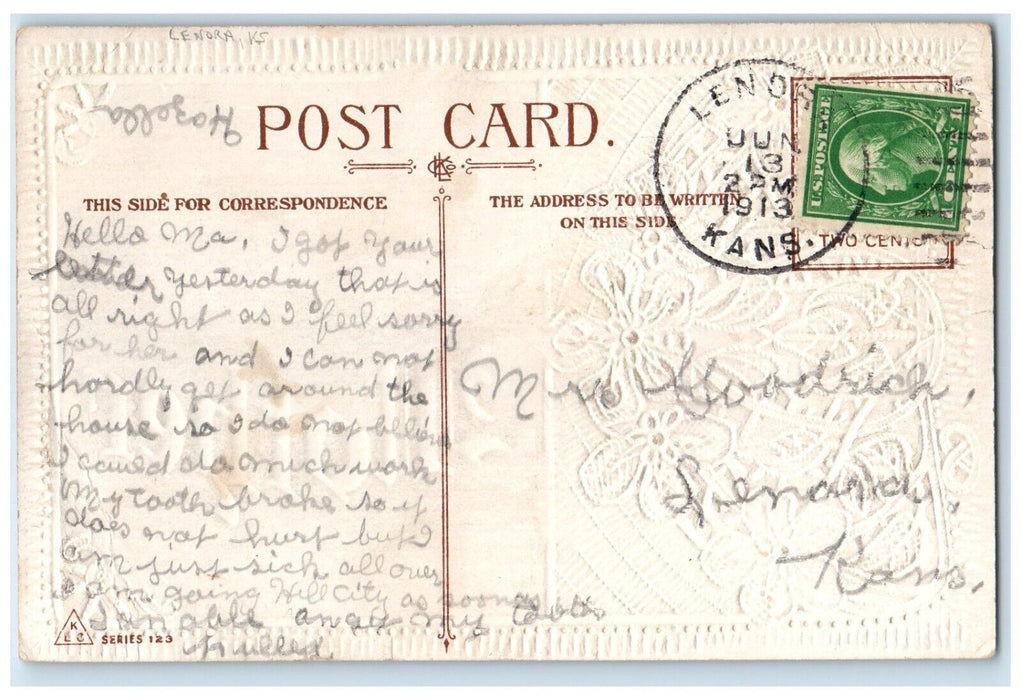 1913 Mother Pansies Roses Flowers House Embossed Lenox Kansas KS Posted Postcard
