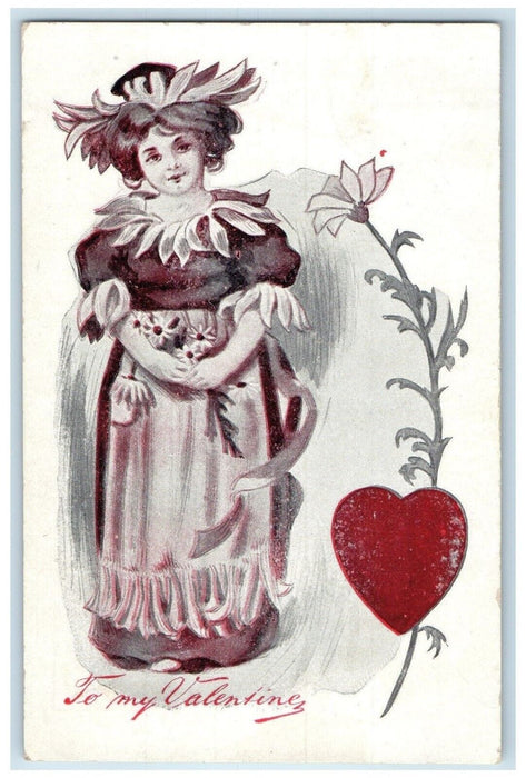 c1910's Valentine Pretty Girl Flower Costume Heart Posted Antique Postcard