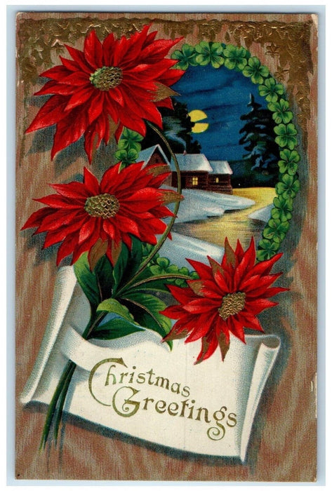 1911 Christmas Greetings Poinsettia Flowers House Moon Gel Gold Gilt Postcard