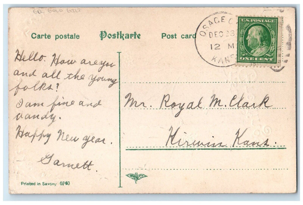 1911 Christmas Greetings Poinsettia Flowers House Moon Gel Gold Gilt Postcard