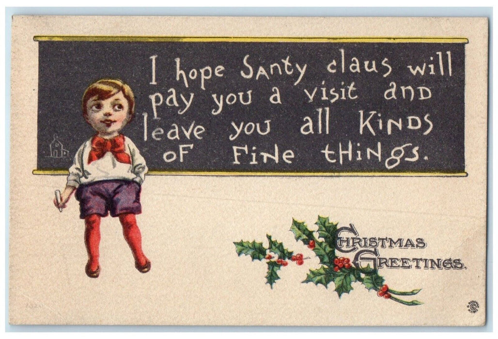 1913 Christmas Greetings Little Boy Writing Message Santa Claus Berries Postcard