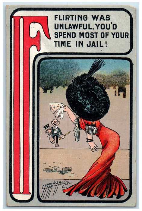 1911 Woman Widow Hat If Flirting Was Unlawful Carmichael Antique Postcard