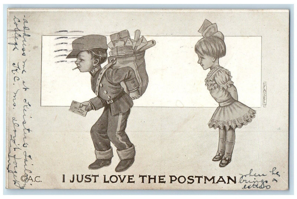 1911 Boy Postman Cigarette I Just Love The Postman Topeka Kansas KS Postcard