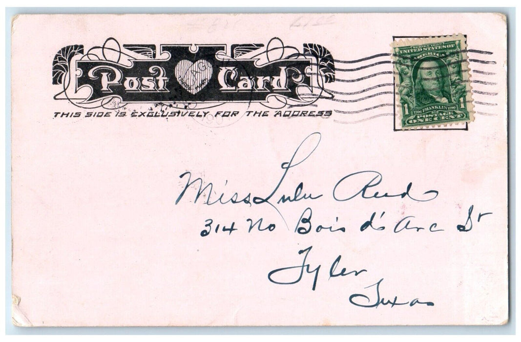1907 Valentine Woman Heart I Am No Artist Grand Tyler Texas TX Antique Postcard