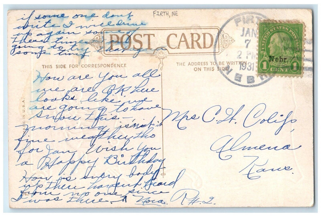 1931 Birthday Girl Gown Flowers Bouquet Firth Nebraska NE Vintage Postcard