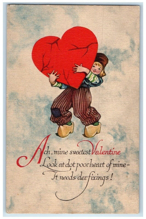 c1910's Valentine Big Heart Dutch Kid Kirwin Kansas KS Posted Antique Postcard