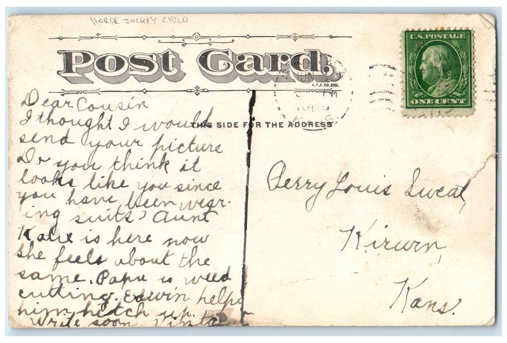 1909 Horse Jockey Child Hat Kirwin Kansas KS Posted Antique Postcard