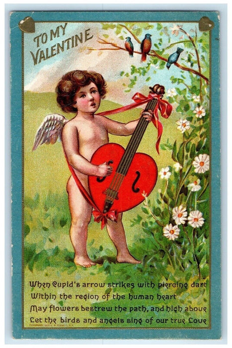 1910 Valentine Angel Serenade Heart Guitar Flowers Song Bird Embossed Postcard