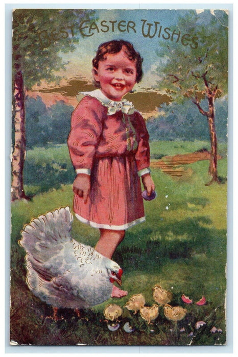 1910 Easter Little Girl Chicken Hen Chicks Gaylord Kansas KS Antique Postcard