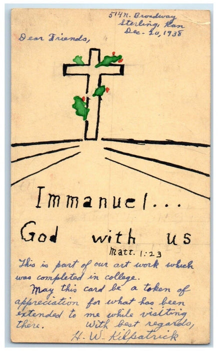 1938 Cross Hand Drawn Art Immanuel Sterling Kansas KS Posted Vintage Postcard