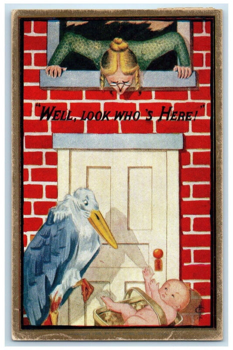 1909 Stork Delivering Baby Knocking Door North Manchester Connecticu CT Postcard