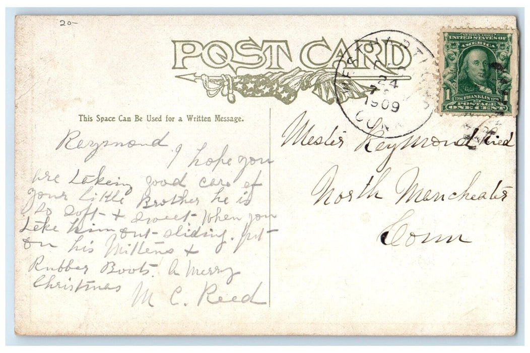 1909 Stork Delivering Baby Knocking Door North Manchester Connecticu CT Postcard