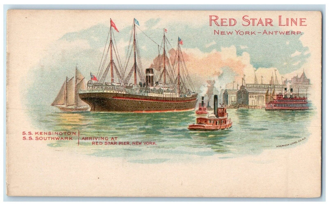 c1905 Red Star Line New York Antwerp SS Kensington SS Southwark Antique Postcard