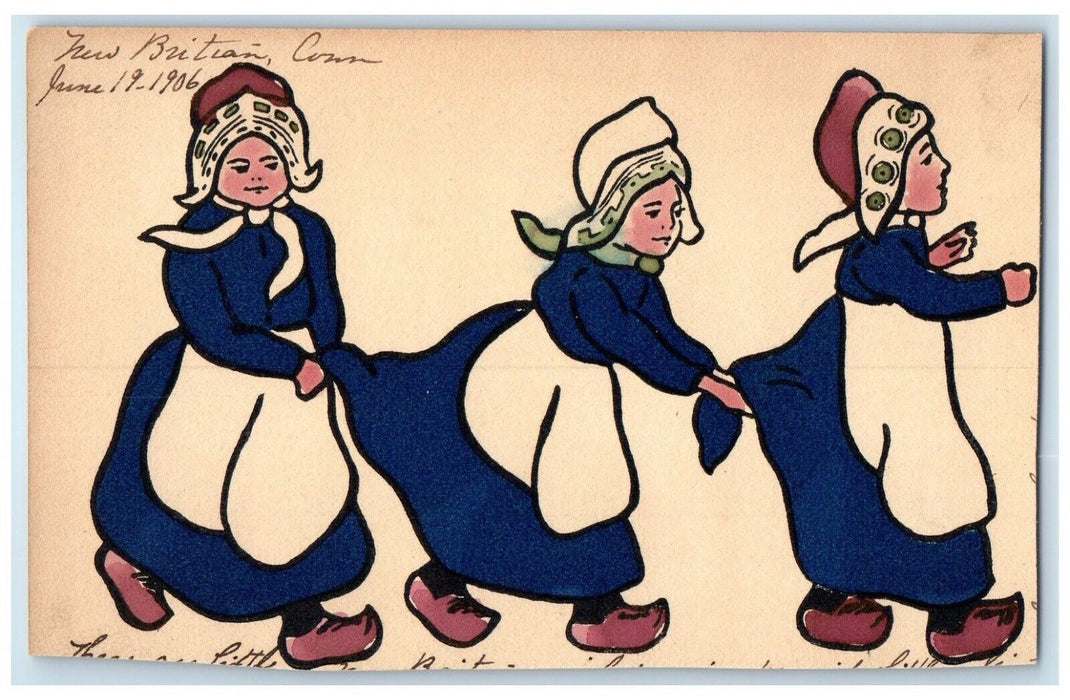 1906 Hand Painted Dutch Girls New Brittain Connecticut CT Antique Postcard