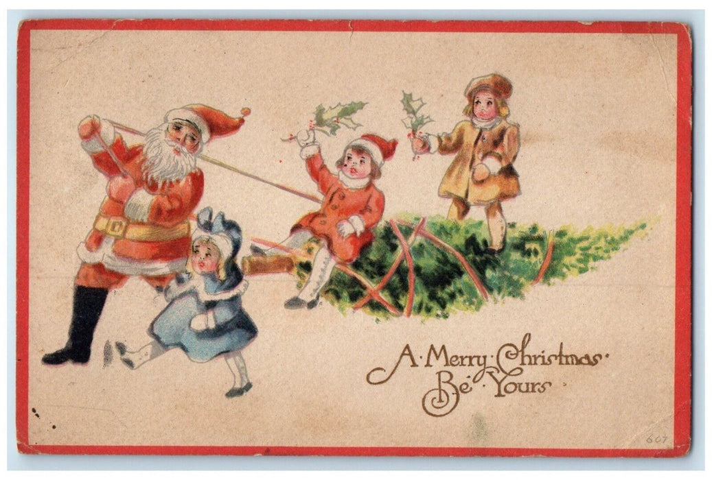 1914 Christmas Santa Claus And Children Pulling Tree Meriden CT Antique Postcard