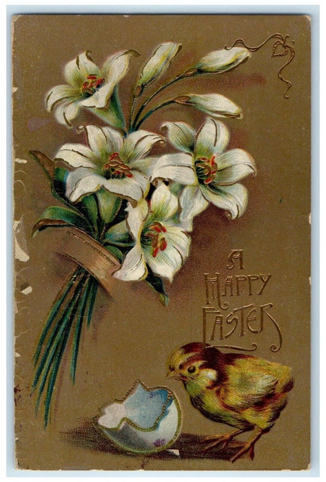 c1910's Easter Hatch Egg Chick Lilies Flowers Gel Gold Gilt Antique Postcard