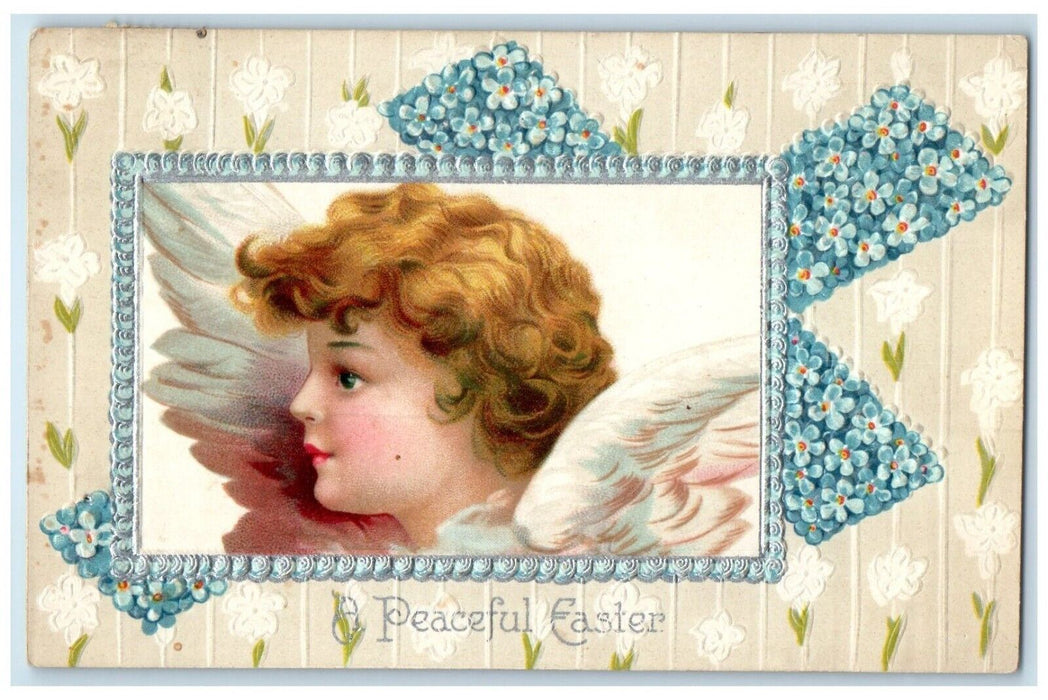 1909 Easter Angel Holy Cross Pansies Flowers Embosses Brady NE Antique Postcard