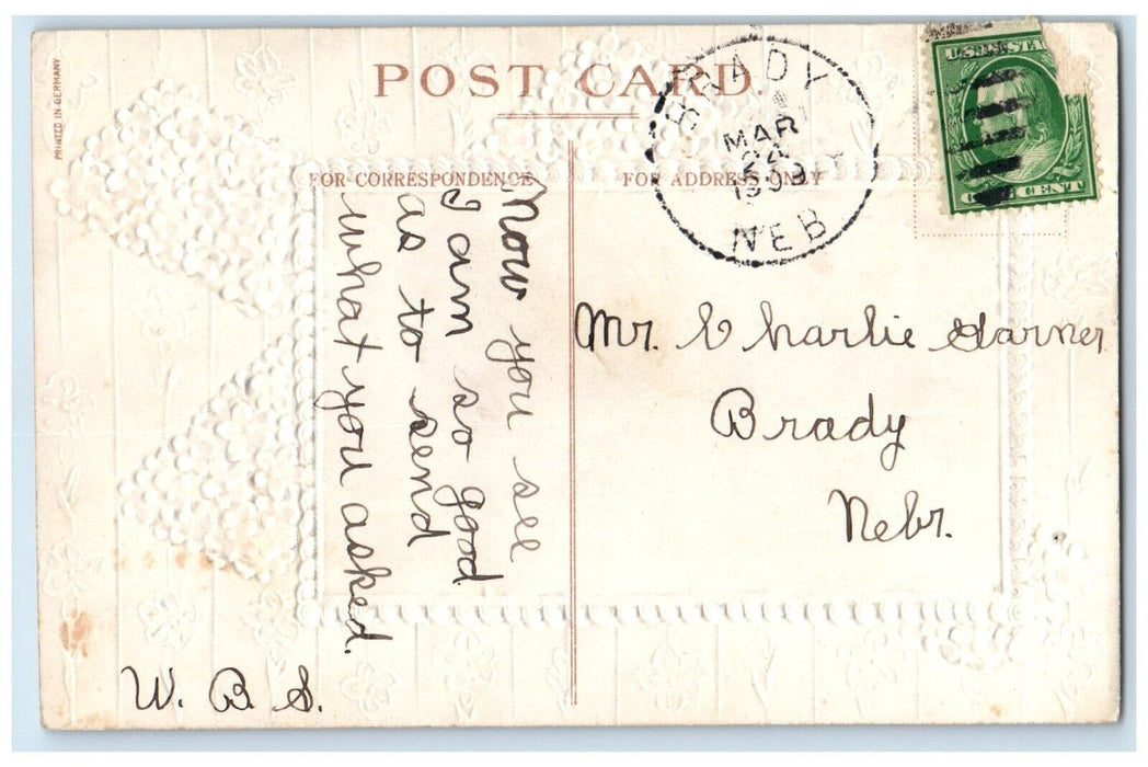 1909 Easter Angel Holy Cross Pansies Flowers Embosses Brady NE Antique Postcard