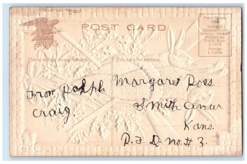 c1910's Hunting Rabbits Airbrushed Embossed Smith Center Kansas KS Postcard