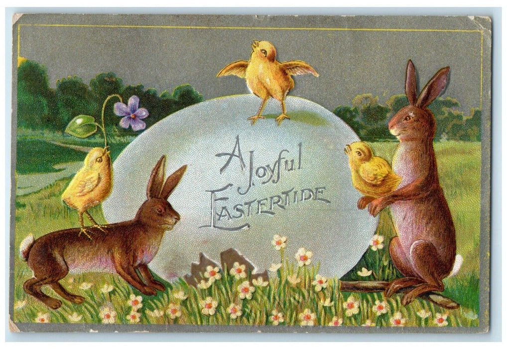 c1910's Easter Giant Egg Chicks Bunny Rabbit Flowers Embossed Raman CO Postcard