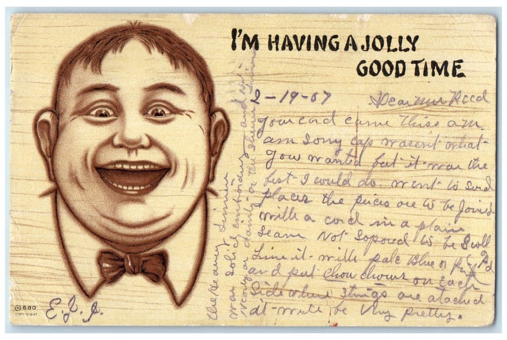 1907 Jolly Boy Face I'm Having A Jolly Good Time Houston Texas TX Postcard