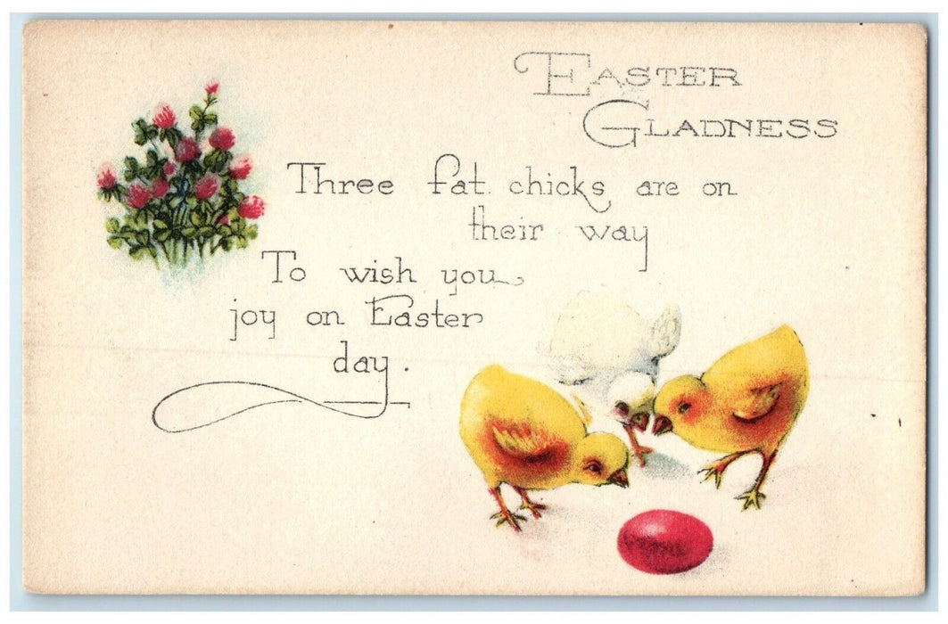 c1910's Easter Gladness Three Fat Chicks Egg Flowers Unposted Antique Postcard