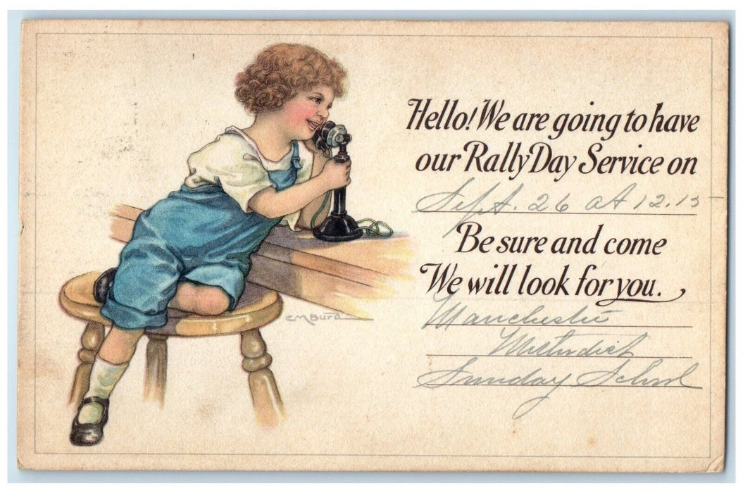 1910 Boy Curley Hair Telephone Rally Day Manchester Connecticut CT Postcard