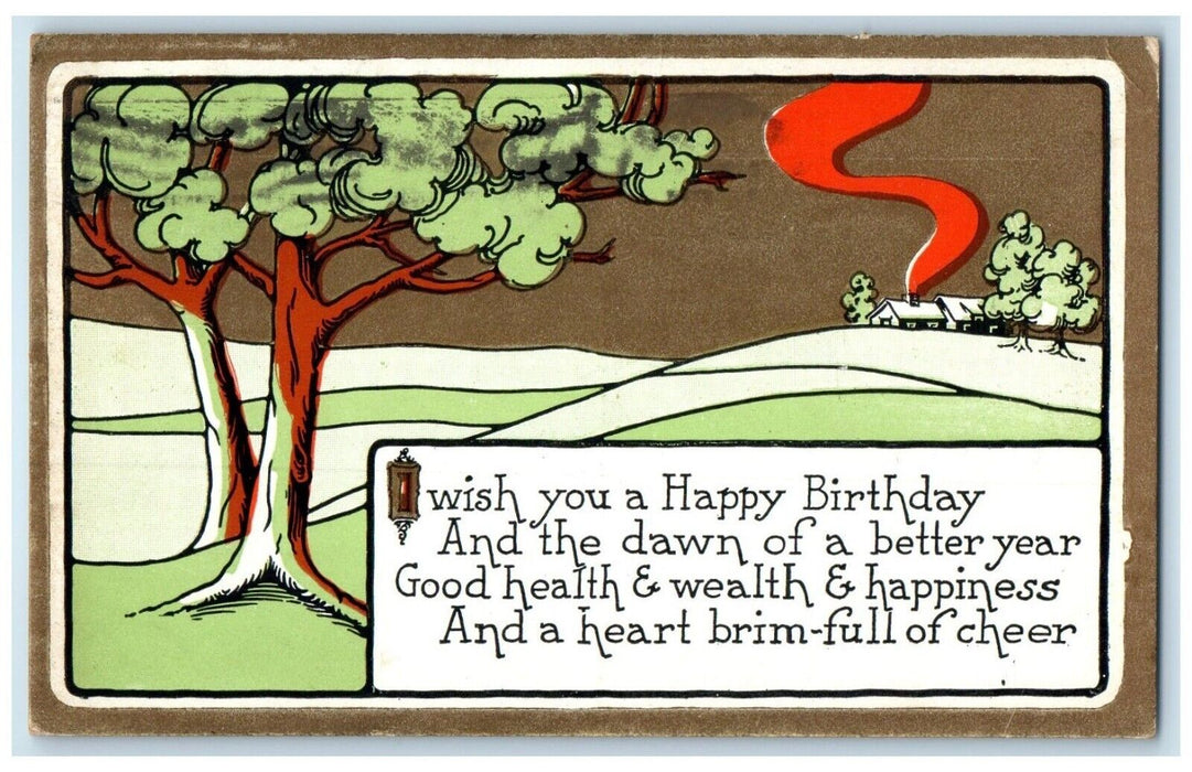 1914 Happy Birthday Arts Crafts House And Trees Boston Massachusetts MA Postcard