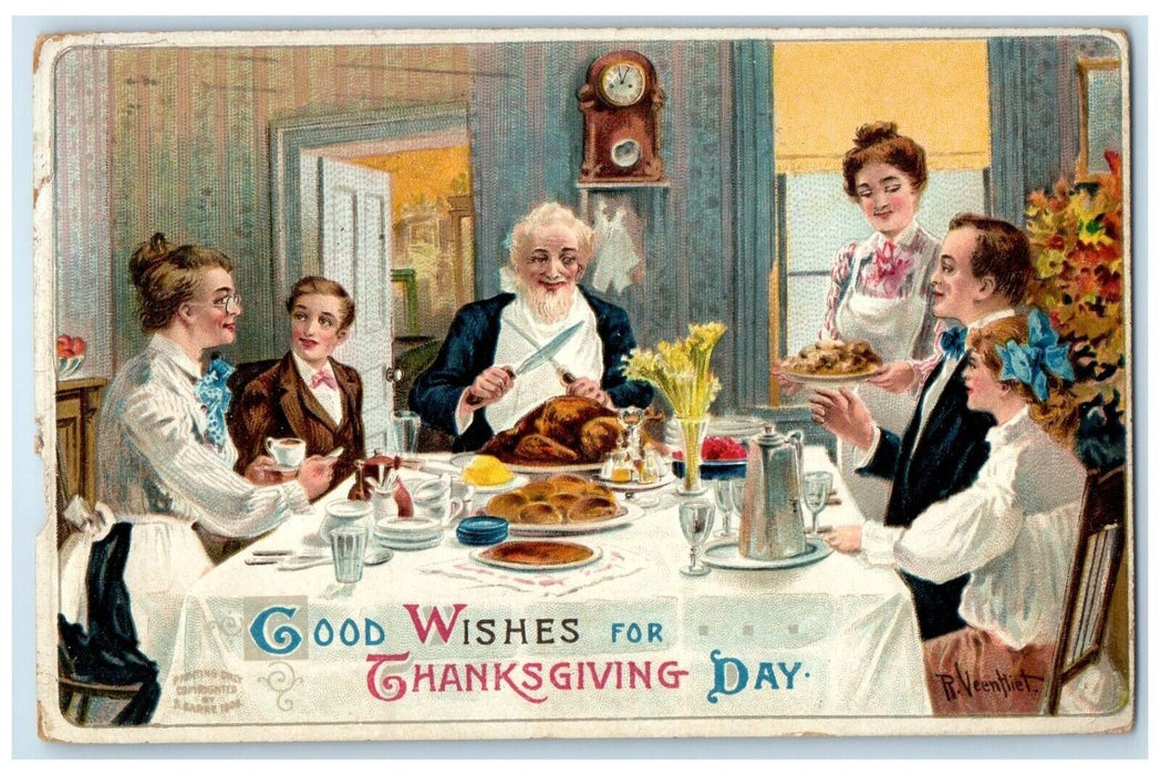 1909 Thanksgiving Family Dinner Turkey Bridgeport Connecticut CT Posted Postcard