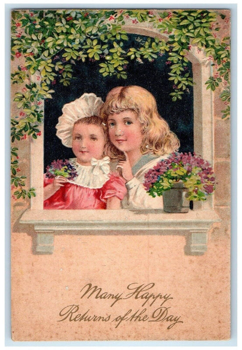 1909 Happy Returns Girls On Window With Flowers Embossed Antique Postcard