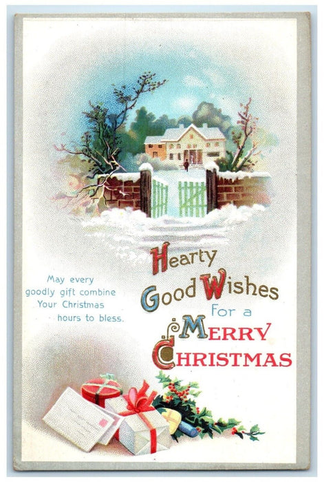 1912 Christmas Gifts And Berries Winter House Embossed Perry ME Antique Postcard