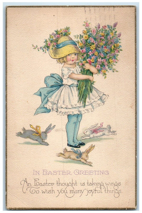 1926 Easter Greetings Pretty Girl Holding Flowers Bunnies Rabbit Posted Postcard