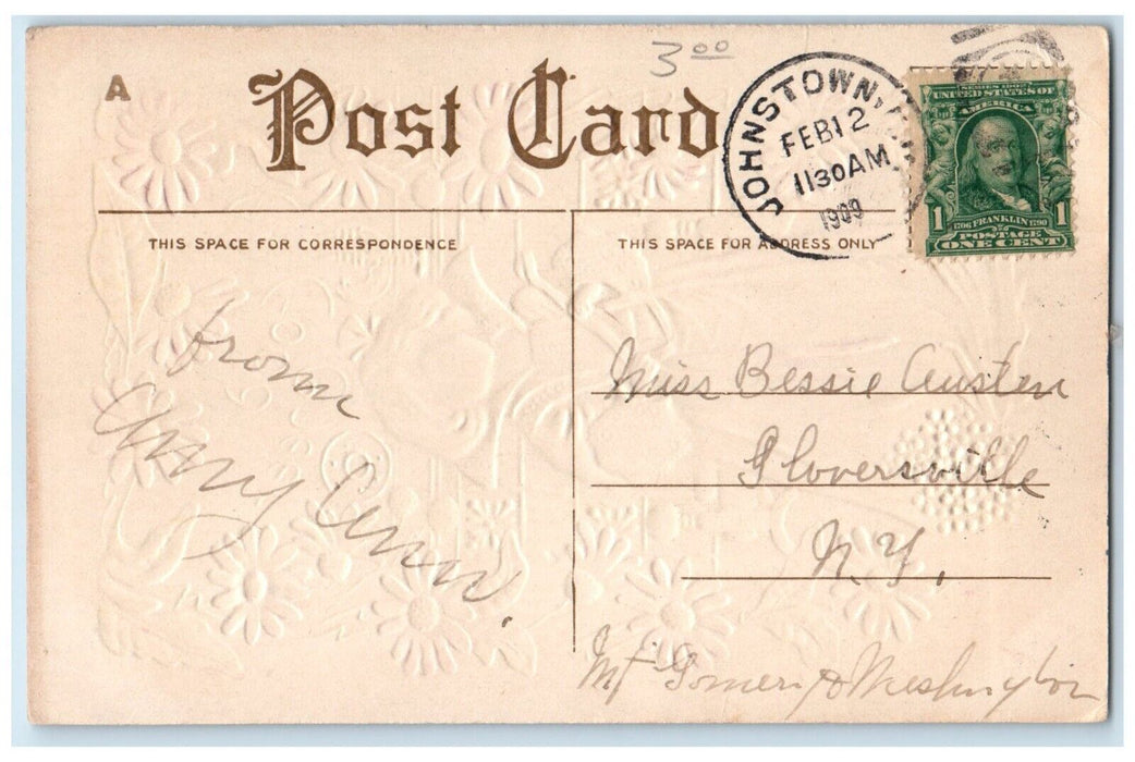 1909 Little Girl All Good Cheer Flowers Embossed Johnstown New York NY Postcard