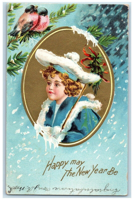 1908 New Year Song Birds Boy Embossed Clapsaddle Afton New York NY Postcard