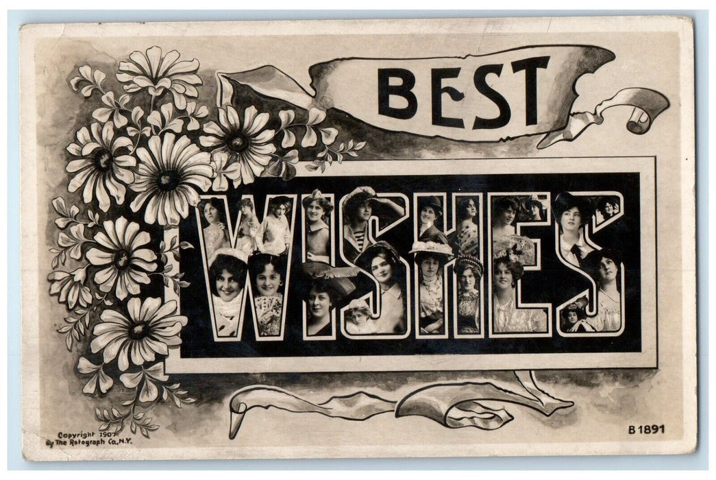 c1910's Best Wishes Pretty Woman Large Letters Flowers RPPC Photo Postcard