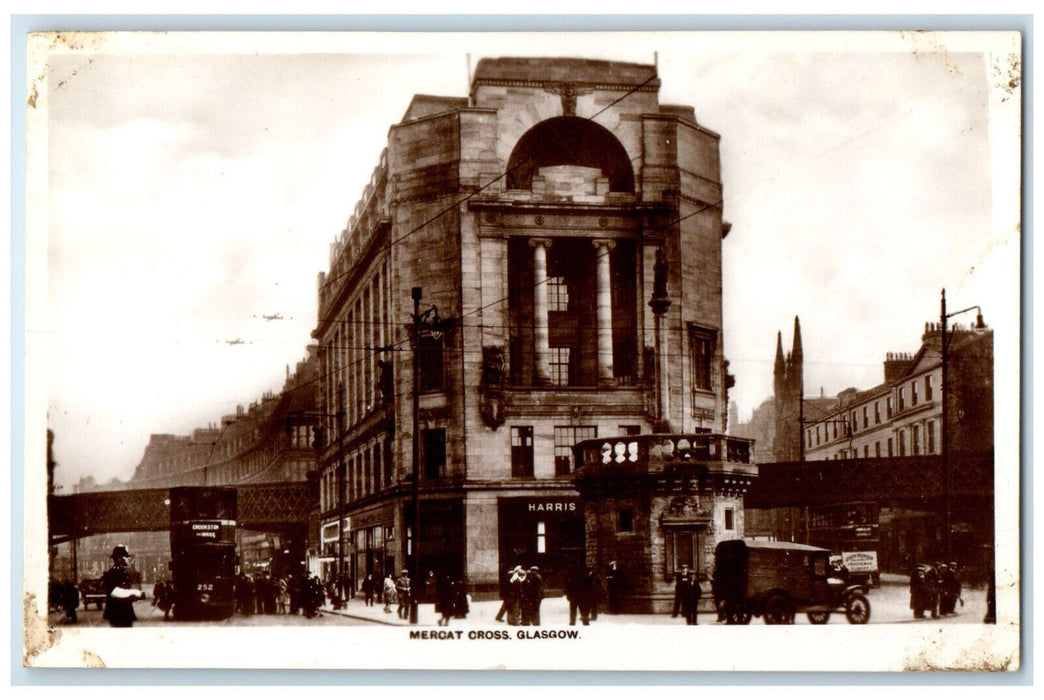c1930's Building Cars Scene in Mercat Cross Glasgow Scotland RPPC Photo Postcard