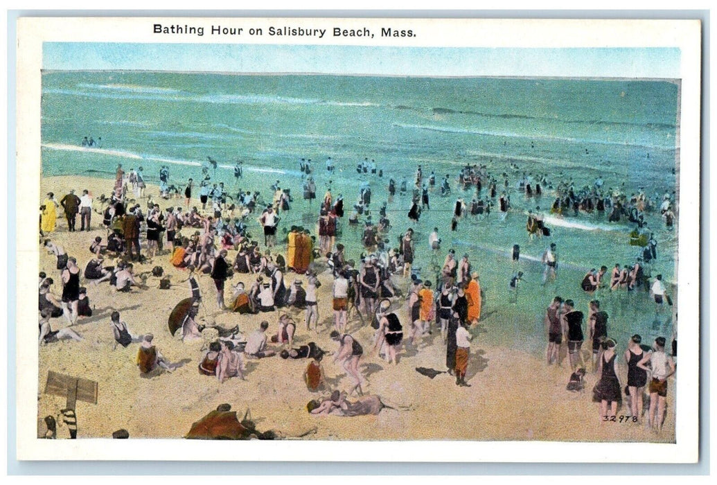 c1930's Bathing Hour On Salisbury Beach Massachusetts MA Vintage Postcard