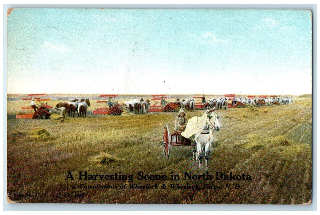 c1910's A Harvesting Scene In North Dakota ND, Horse And Wagon Antique Postcard