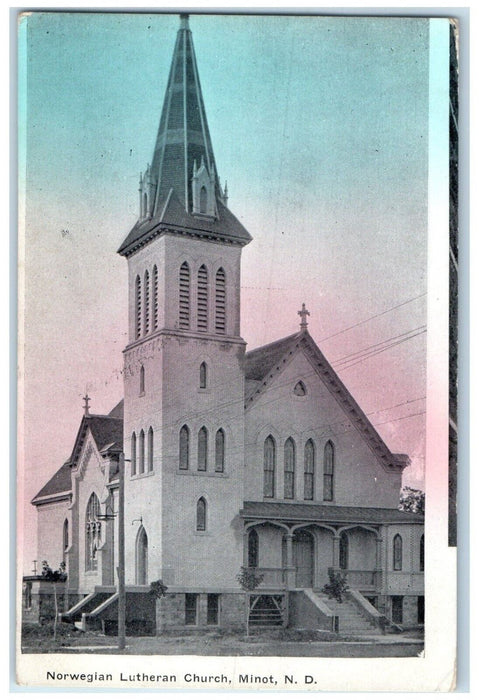 1910 Norwegian Lutheran Church Scene Street Minot North Dakota ND Postcard